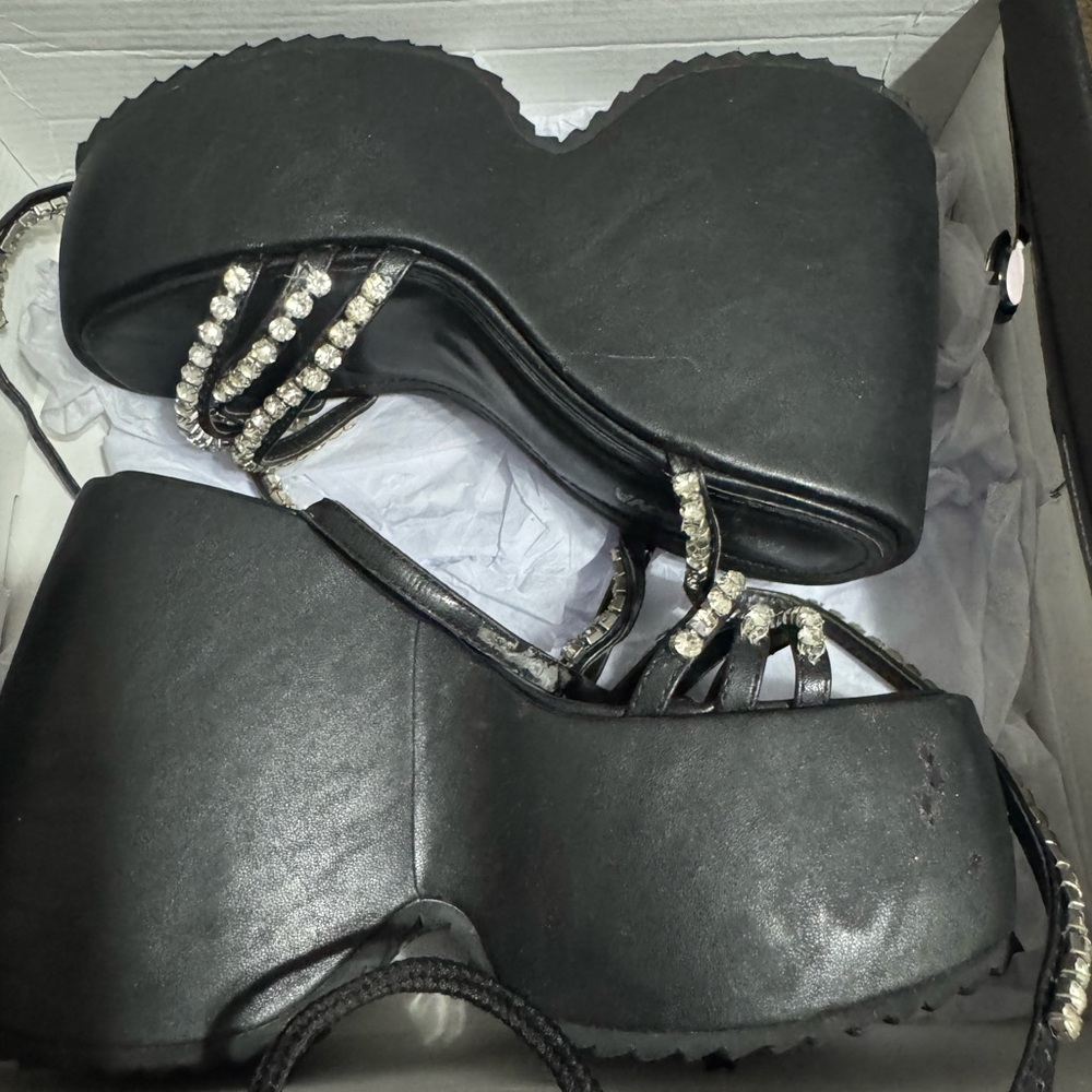 Black Platform Sandals with Rhinestone Straps